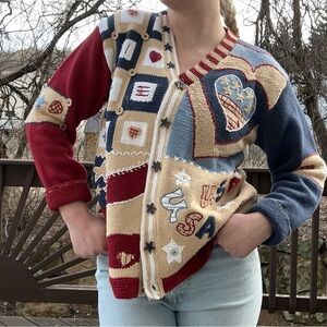 USA Red and Blue Patchwork Jacket with Crocheted Squares